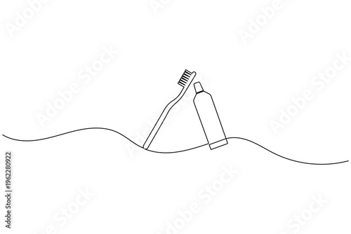 Toothbrush and toothpaste tube continuous one line minimalist icon