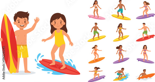 Surfing Kids Illustration Set with Cartoon Children Riding Surfboards, Summer Beach Activity Characters, and Water Sports Elements for Vacation Design