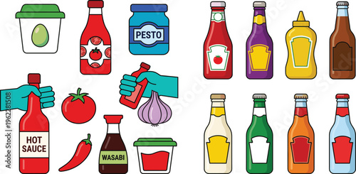 Sauce and Condiment Icon Set with Ketchup, Mustard, Hot Sauce, Pesto, Bottles, Jars, and Food Ingredients for Kitchen and Cooking Design