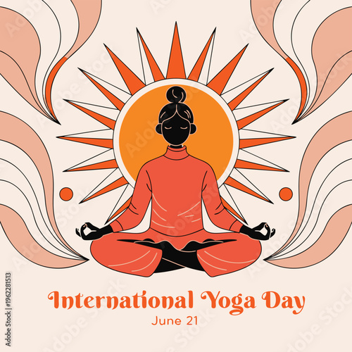Modern yoga day illustration with meditation silhouette and elegant typography .