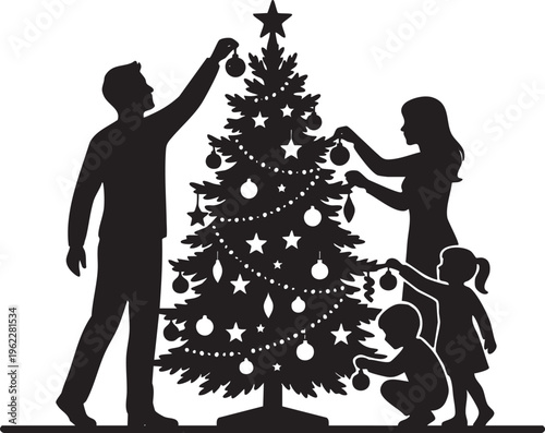 Happy Family Decorating Christmas Tree Together, Spreading Holiday Cheer and Festive Spirit at Home