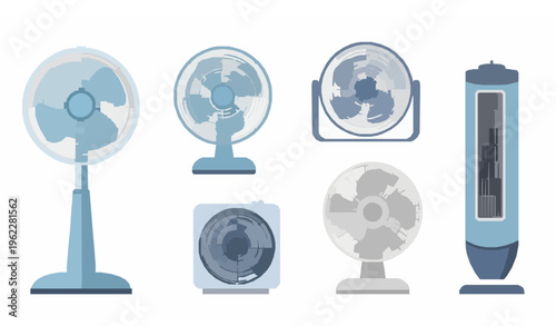 Cartoon electric fan vector set with pedestal desk and wall fans flat household appliance collection isolated on white