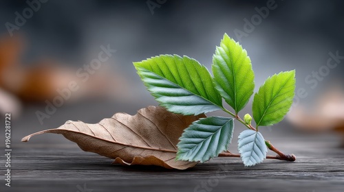 New leaves grow on dry leaf in a natural setting with a smooth wooden surface