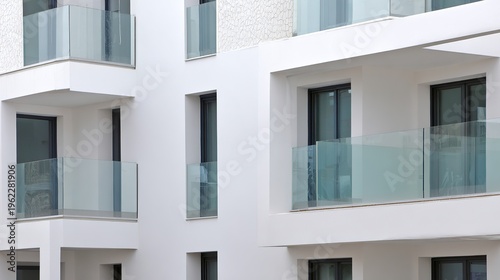 A modern housing complex with clean architectural lines, illuminated by soft daylight.