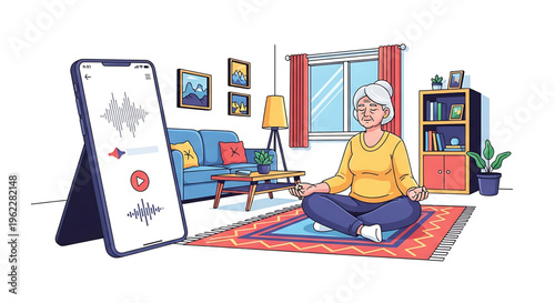 A serene elderly woman practices meditation in her living room while following along with a guided session on her smartphone.