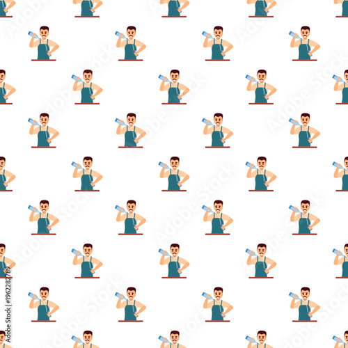 Bartender wearing apron and mustache pouring beverage from a bottle, creating a repeating pattern