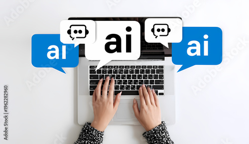 Person Typing on Laptop with Artificial Intelligence Robot and Digital Tech Interface