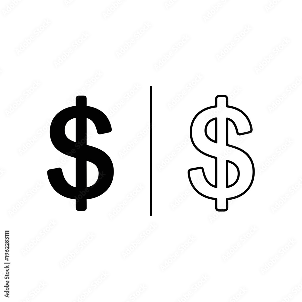 Obraz premium Dollar currency symbol icon set in solid and outline minimalist style for global finance