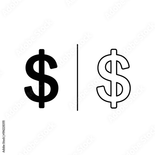Dollar currency symbol icon set in solid and outline minimalist style for global finance
