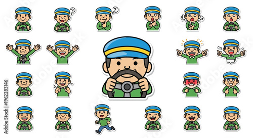 Professional Driver Character Emotion Set - Male Chauffeur or Bus Driver Avatars - 20 Cute Delivery Man Expressions Vector