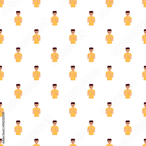 Man with hands together showing apology or respect in a repeating background pattern