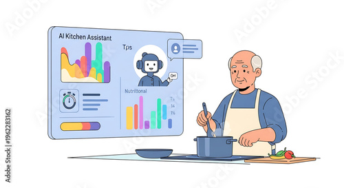 A cartoon elderly man cooking with the help of an AI kitchen assistant on a large screen display