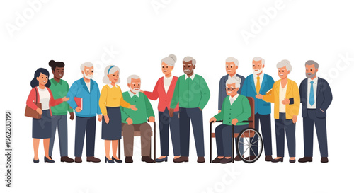 Diverse Group of Happy Seniors and Multigenerational Support Standing Together, Illustrating Community and Well-being