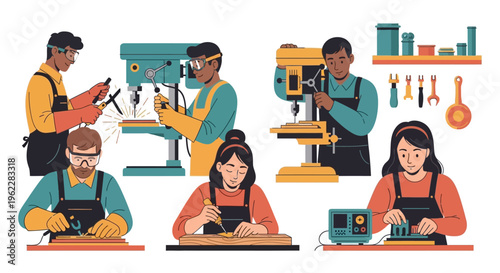 Diverse Skilled Workers in a Workshop: Crafting, Manufacturing, and Trades with Tools for Welding, Drilling, Soldering, Wood Carving, and Electronics.