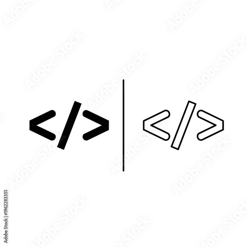 Code brackets icon set showing black solid and outline html programming tags on white background