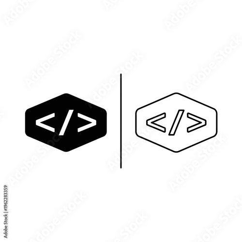Hexagon programming code tag icon set featuring solid and outline symbols for software development