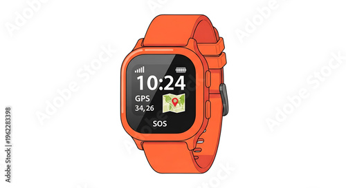 A vibrant orange smartwatch with GPS and SOS features on a clean white background