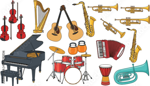 Colorful vector illustration collection of various musical instruments including piano drums guitar saxophone and brass isolated on white.