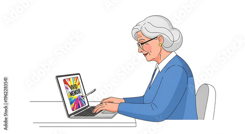 A senior woman using a laptop with a colorful screen in a modern workspace
