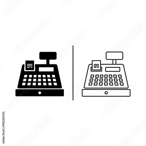 Cash register icon set including solid and outline retail till symbols isolated on white background