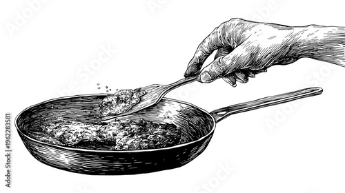 Hand-drawn sketch of cooking: arm holding spatula, flipping fried food in pan, kitchen scene.