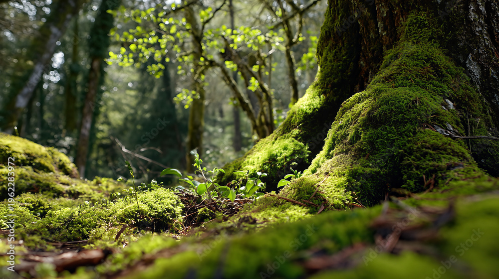 Obraz premium Enchanting Forest Awakening: Ancient Trees, Mossy Textures, and Sunbeams in Spring