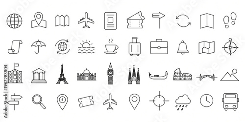 Travel icons depict various transportation modes and landmarks worldwide in illustrations.
