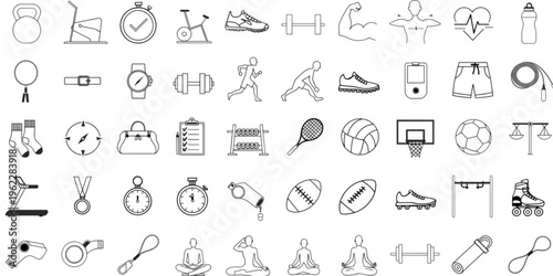 Various sports equipment and icons are displayed on a surface.