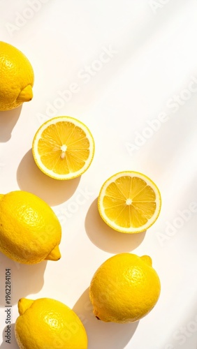 Mitades de limón iluminadas con luz suave sobre fondo blanco minimalista.
