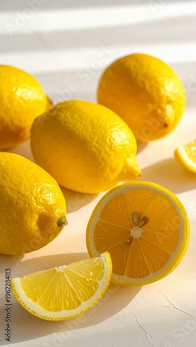Limones enteros y cortados sobre superficie clara con sombras de luz natural.
