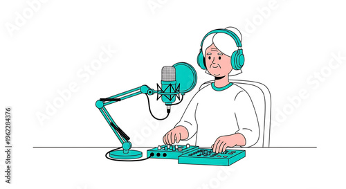 A cartoon man wearing headphones and sitting at a desk with a microphone and soundboard, recording a podcast or voiceover in a modern studio setup.