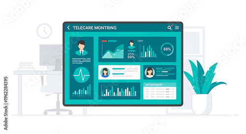 A vector graphic illustration of a laptop displaying a telecare monitoring dashboard in a modern office setting