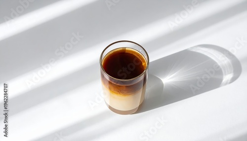  Café latte en vaso transparente con capas visibles y sombra suave sobre superficie clara.
