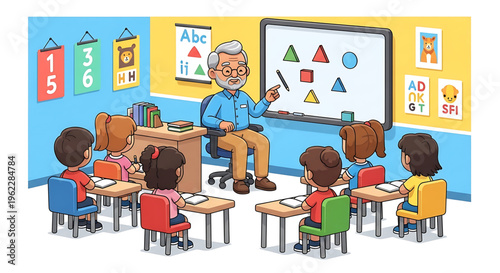 A cartoon illustration of a teacher teaching shapes to a group of children in a colorful classroom