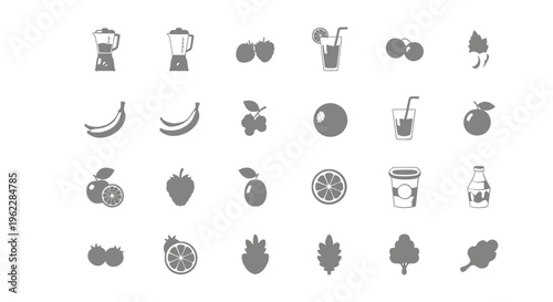 Minimalistic Illustration of Various Fruits and Drink Icons on a White Background