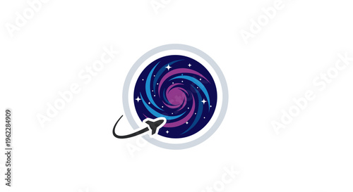 Cosmic emblem featuring galaxy swirl design and spaceship illustration on a white backdrop
