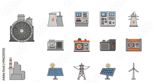 Illustration depicting various power generation methods and energy infrastructure in a modern style