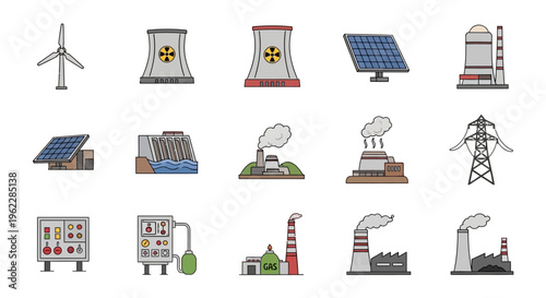 Illustration of power generation plants and renewable energy sources in a vector format