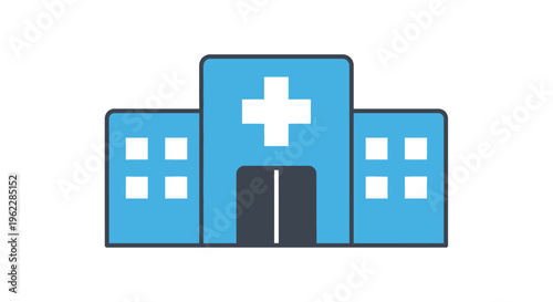 Minimalist Blue Hospital Illustration with a White Cross Symbol on a White Background