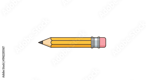 A simple cartoon drawing of a yellow pencil with eraser on a white backdrop
