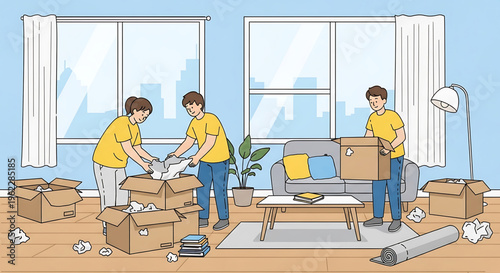 A vector graphic illustration of three men moving boxes into a living room with a modern design style