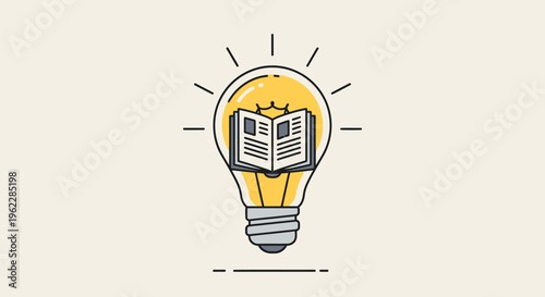 Conceptual illustration depicting knowledge and ideas, with a book within a light bulb graphic