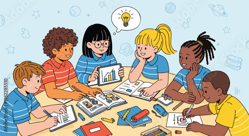 Diverse group of elementary school children collaborating on a project, sharing ideas, and learning together at a round table, fostering teamwork and creativity.