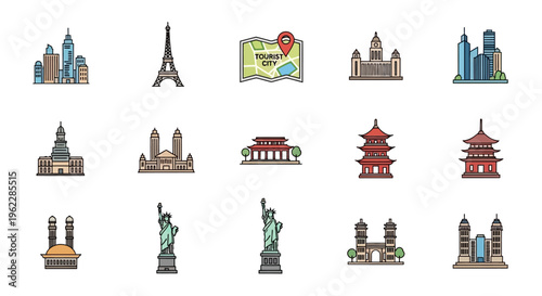 Iconic global landmarks and cityscapes depicted in a vector art style for travel concepts