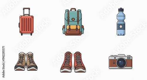 Illustrated travel essentials set featuring luggage, backpack, boots, camera, and water