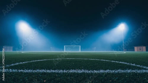 Empty Soccer Field at Night with Bright Blue Spotlights and Foggy Atmosphere artificial ball