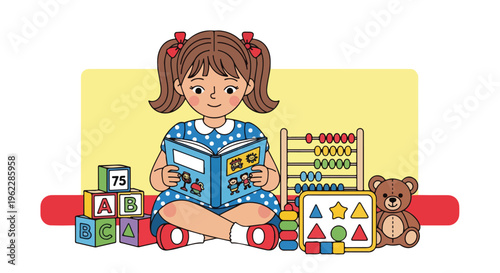 Cute little girl sitting cross-legged reading a book surrounded by educational toys and alphabet blocks