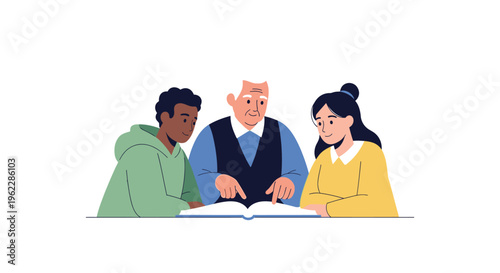 Multigenerational Learning: Senior Woman Teaching Diverse Youth from a Book