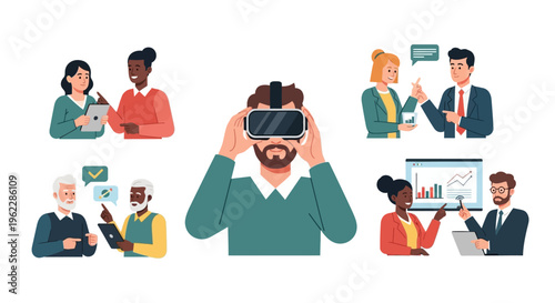 Business Collaboration & Innovation: Diverse Professionals Engaging with VR, Digital Tools, and Data Analytics for Future Growth