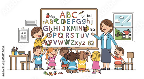 Children learning the alphabet with teachers in a classroom setting, colorful ABCs on a whiteboard